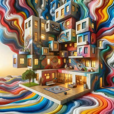 The primary subject of the image is a large, colorful building with many windows. The building is painted with various colors and features a unique design. The setting is an outdoor environment, with the building standing in front of a grassy area. The visual style of the image is a combination of photo and digital art, creating a vibrant and eye-catching scene. The colors and mood of the image are lively and energetic, with the building's vivid colors and intricate design capturing the viewer